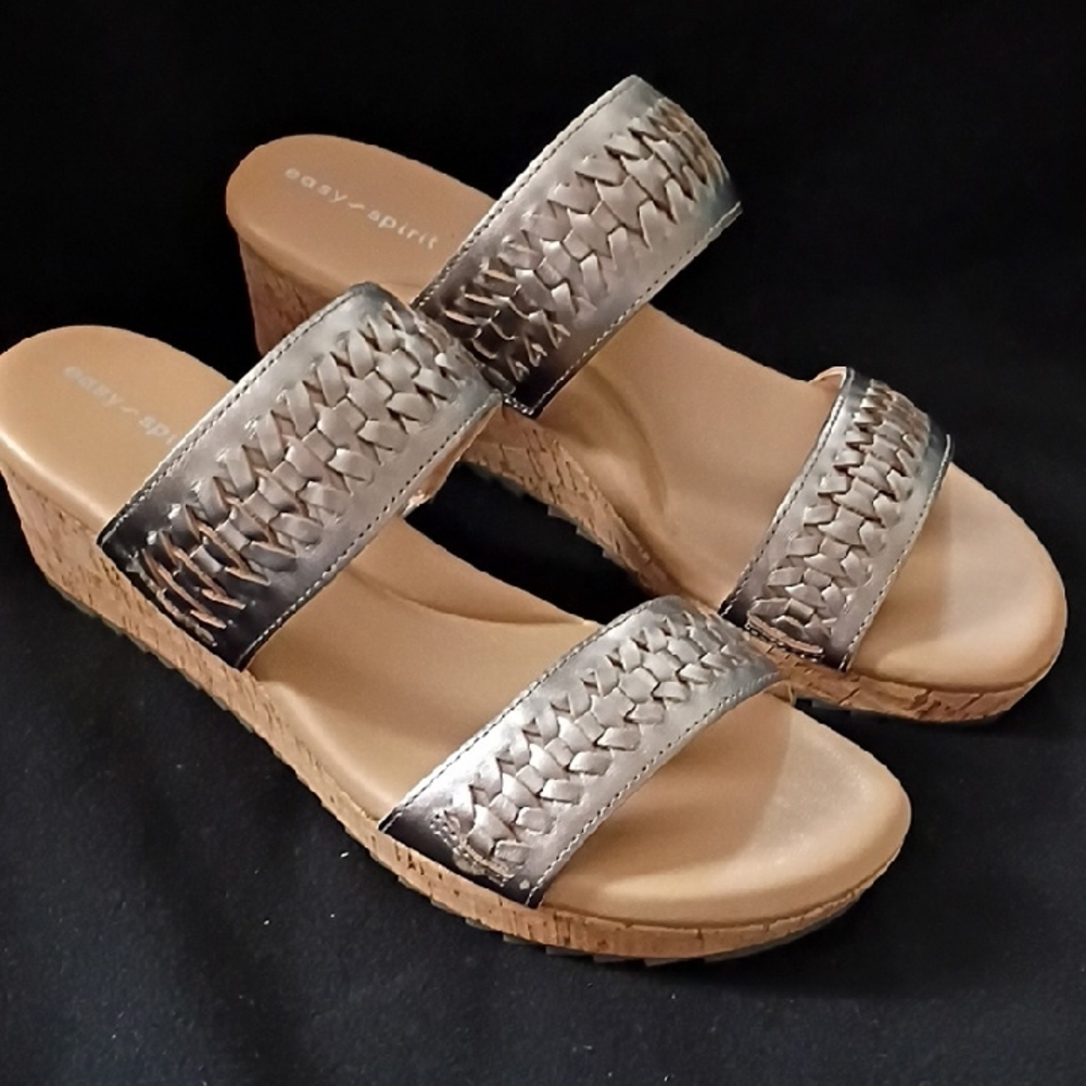 Easy Spirit Gold and Tan Wedge Sandals